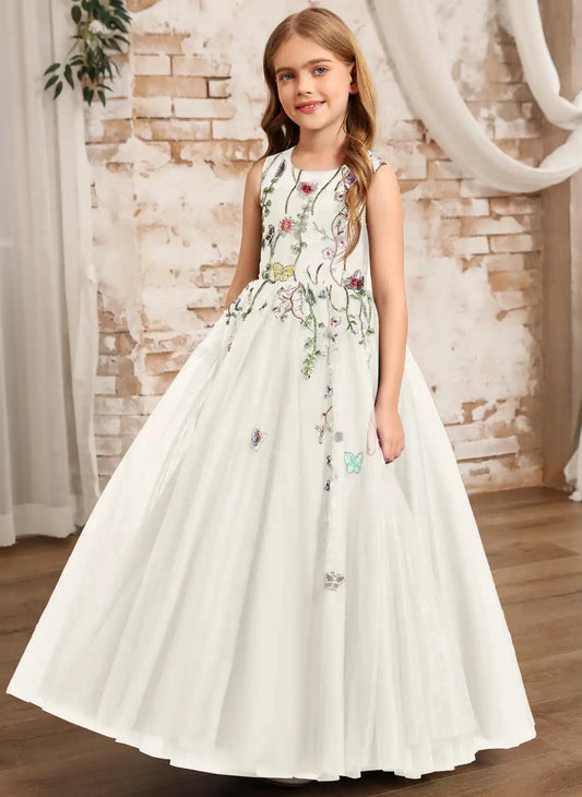 Elegant A?Line Round Neck Sleeveless Bow Cutout Back Floor?Length Flower Girl Dress