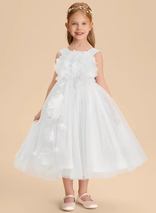 Elegant A Line Square Neck Sleeveless Bow Back Tea Length Flower Girl Dress