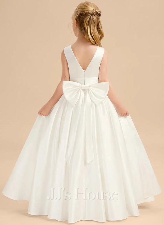 Elegant A Line Round Neck Sleeveless V Back Long Flower Girl Dress For Wedding