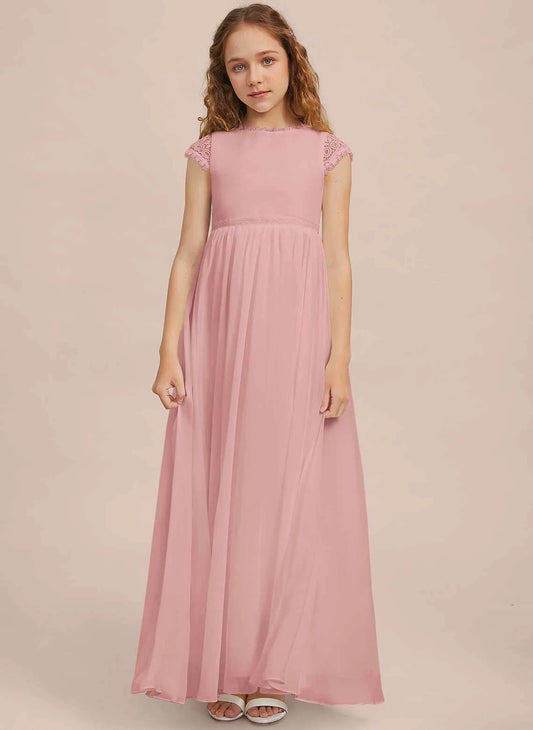 Elegant A?Line Round Neck Cap Sleeve Closed Back Floor?Length Junior Bridesmaid Dress