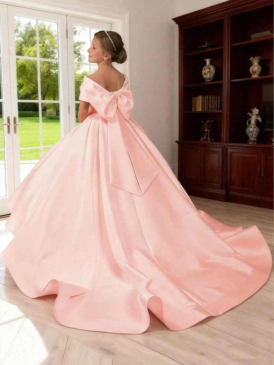Luxury Ballgown Off Shoulder Short Sleeve Big Bow Back Train Flower Girl Dress