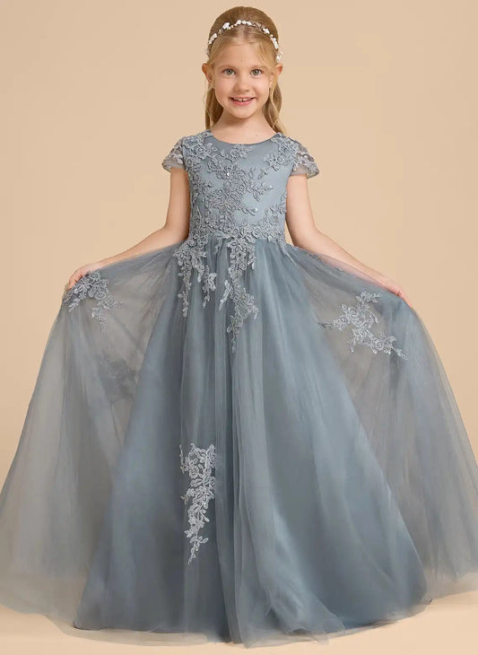 Elegant A?Line Round Neck Cap Sleeve Sheer Button?Back Floor?Length Flower Girl Dress