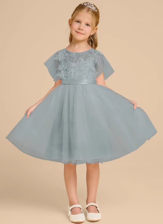 Elegant A-line Round Neck Flutter Sleeve Deep V Back Knee Length Flower Girl Dress
