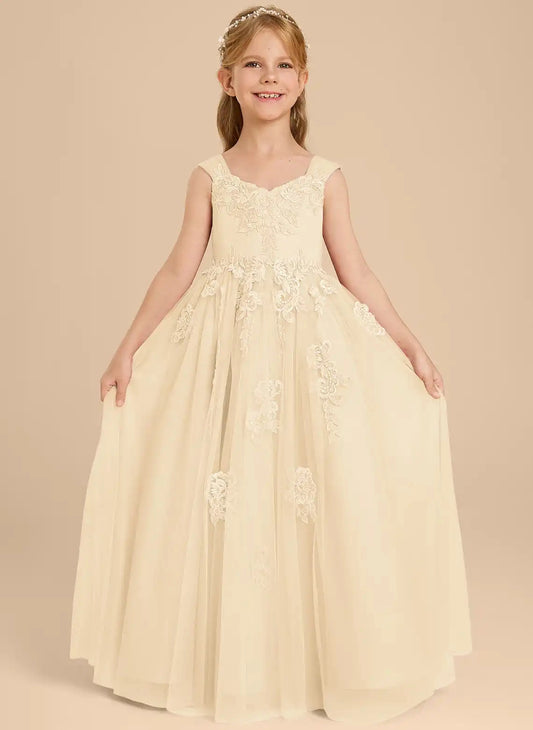 Elegant A?Line V?Neck Sleeveless V?Back Floor?Length Junior Bridesmaid Dress