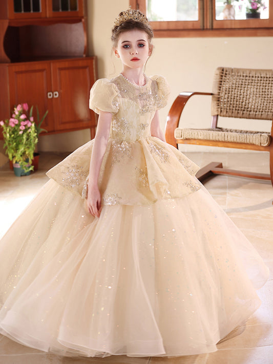 Luxurious Ball Gown Round Neck Puff Sleeve Closed Back Floor Length Pageant Dress
