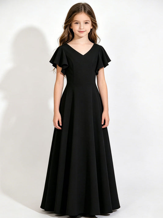Elegant A Line V Neck Flutter Sleeve Classic Back Floor Length Junior Bridesmaid Dress