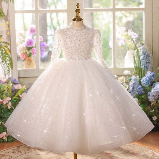 Luxurious Ball Gown High Neck Long Sleeve Keyhole Back Dress Wedding