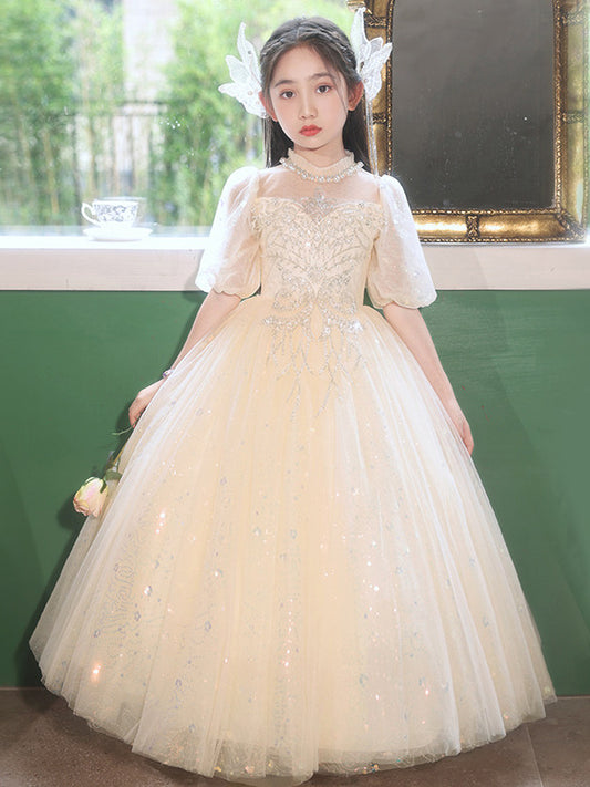 Elegant Ball Gown Sweetheart Puff Sleeve Back Zip Floor Length Flower Girl Dress
