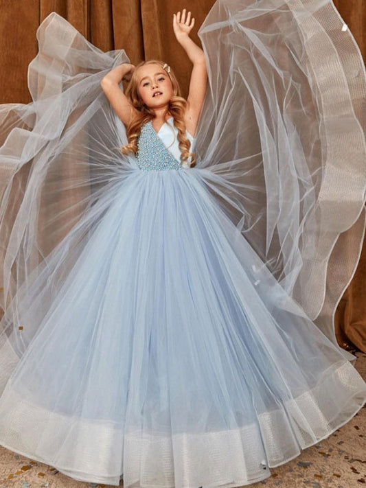 Elegant Ball Gown V Neck Sleeveless V Back Floor Length Pageant Dress