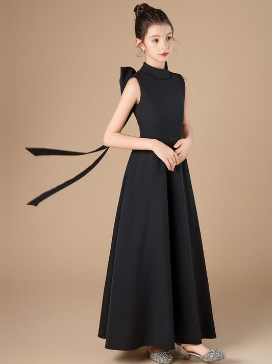 Elegant A Line High Neck Sleeveless Bow Back Floor Length Girls Dress