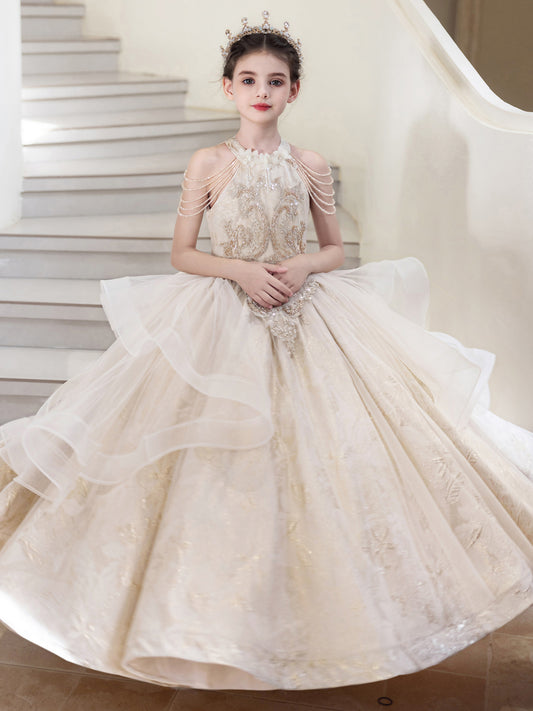 Luxury Ball Gown Halter Pearl Sleeves Open Back Floor Length Pageant Dress