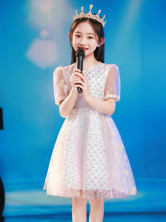 Sparkling A Line Round Neck Puff Sleeve Classic Back Knee Length Recital Dress
