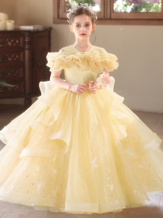 Elegant Ball Gown Ruffle Neck Short Sleeve Zip Back Floor Length Girls Dress