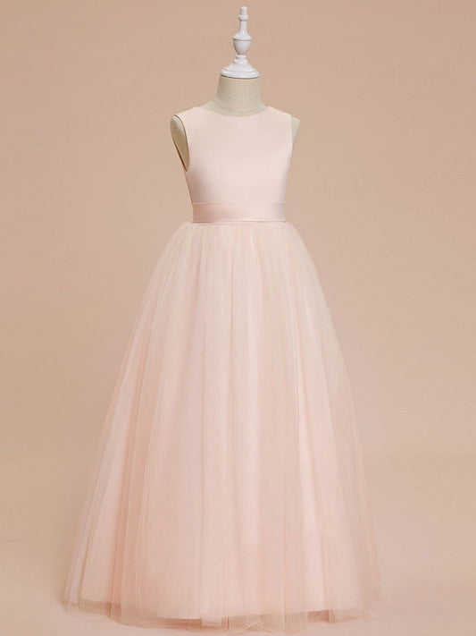 Elegant A Line Round Neck Sleeveless Bow Back Floor Length Flower Girl Dress