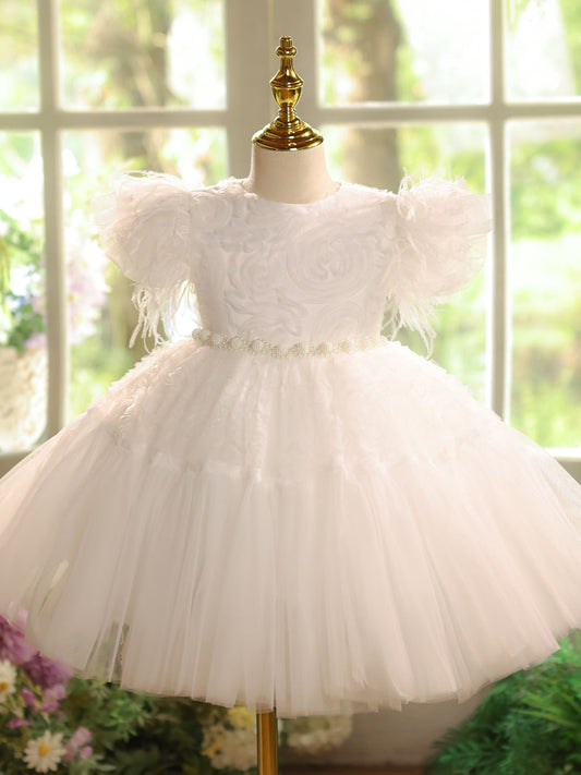 Elegant Ball Gown Round Neck Ruffle Sleeve Zip Back Knee Length Flower Girl Dress