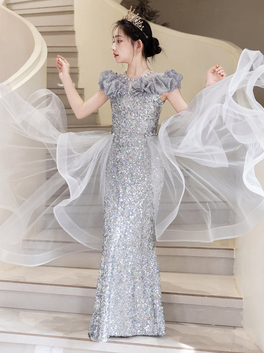 Glamorous Sheath Illusion Neck Ruffle Sleeve Closed Back Floor Length Pageant Dress