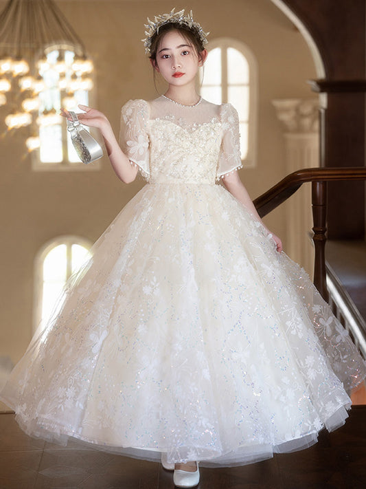 Elegant A Line Round Neck Flutter Sleeve Bow Back Floor Length Communion Dress