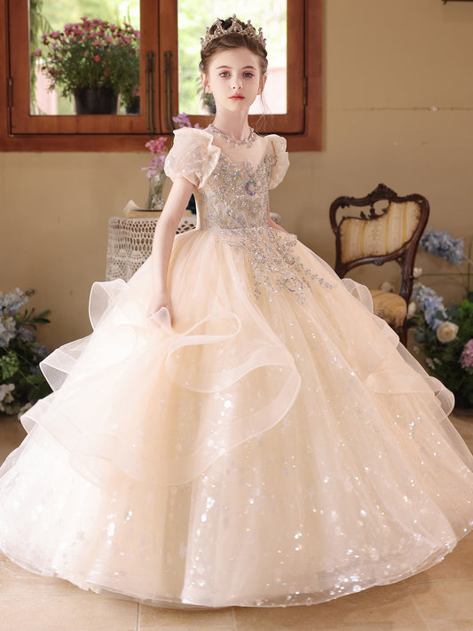 Sparkling Ball Gown Round Neck Puff Sleeve Zipper Back Floor Length Pageant Dress