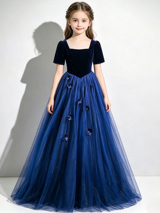 Elegant Ball Gown Square Neck Short Sleeve Closed Back Floor Length Girls Dress
