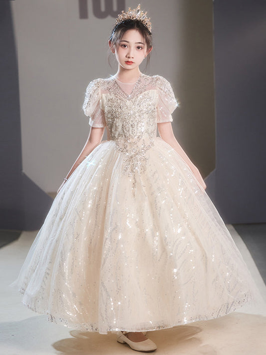 Luxurious Ball Gown V Neck Puff Sleeve Zip Back Floor Length Pageant Dress