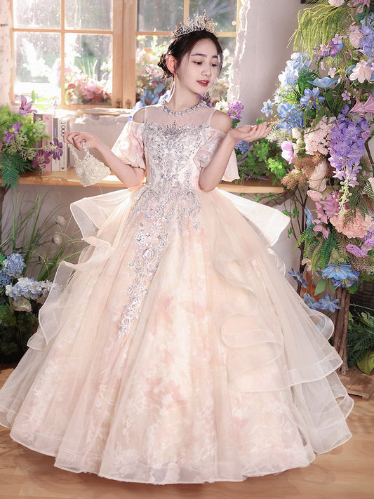 Regal Ball Gown Illusion Neck Puff Sleeve Zip Back Floor Length Pageant Dress