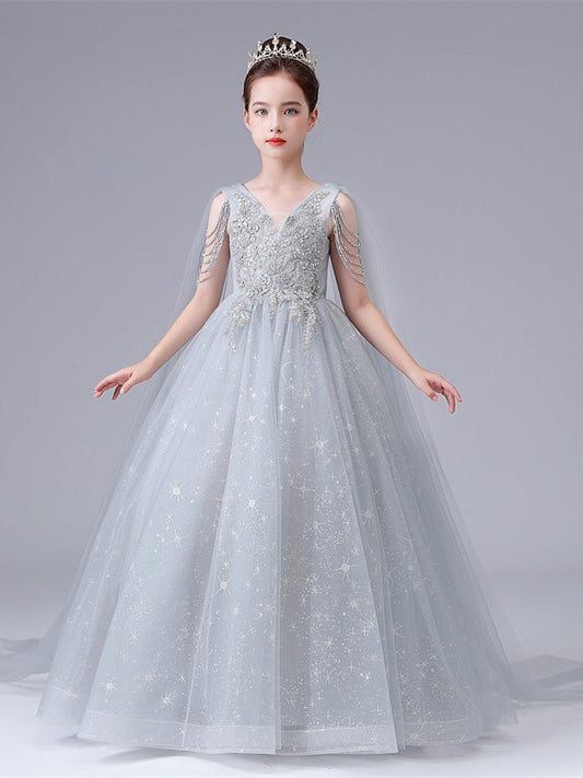 Enchanting Princess V Neck Cape Sleeve V Back Floor Length Pageant Dress