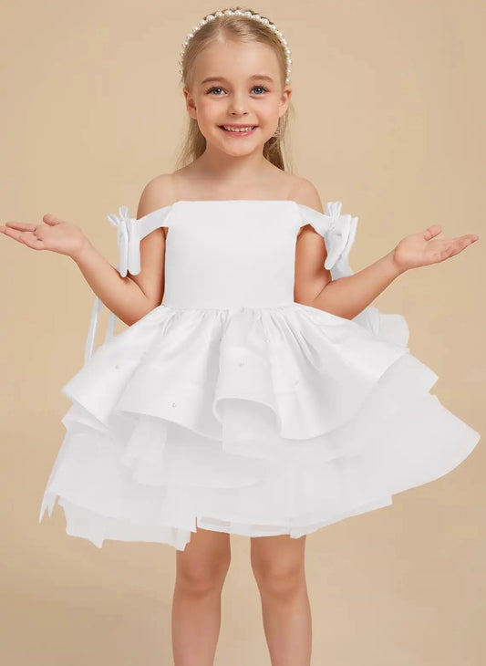 Elegant A-Line Off Shoulder Off Sleeves Zipper Back Short Flower Girl Dress
