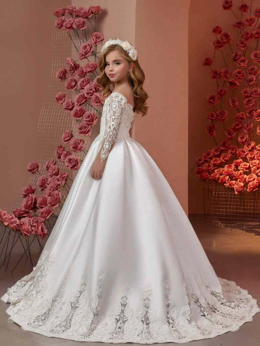 Elegant Ball Gown Off Shoulder 3/4 Lace Sleeves Zipper Back Train Length Flower Girl Dress