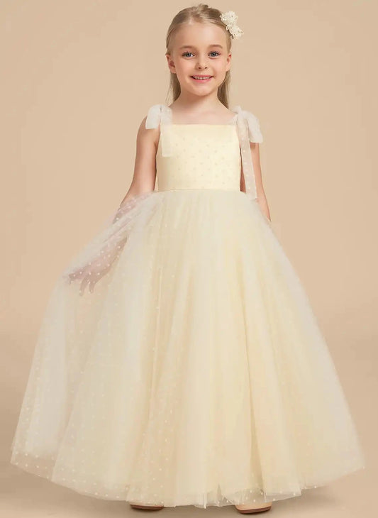 Champagne A?Line Square Neck Tie Strap Open Back Floor?Length Flower Girl Dresses