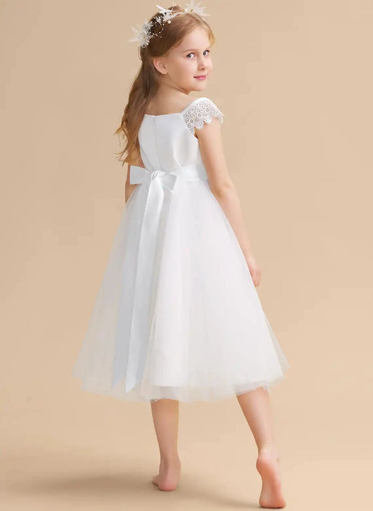Elegant A?Line Square Neck Cap Sleeve Bow Back Midi First Communion Dress