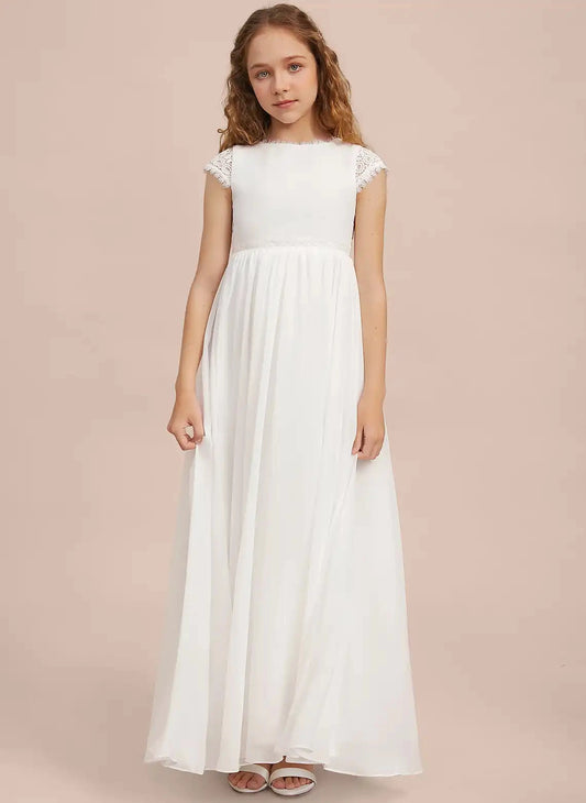 Elegant A?Line Round Neck Cap Sleeve Closed Back Floor?Length Junior Bridesmaid Dress
