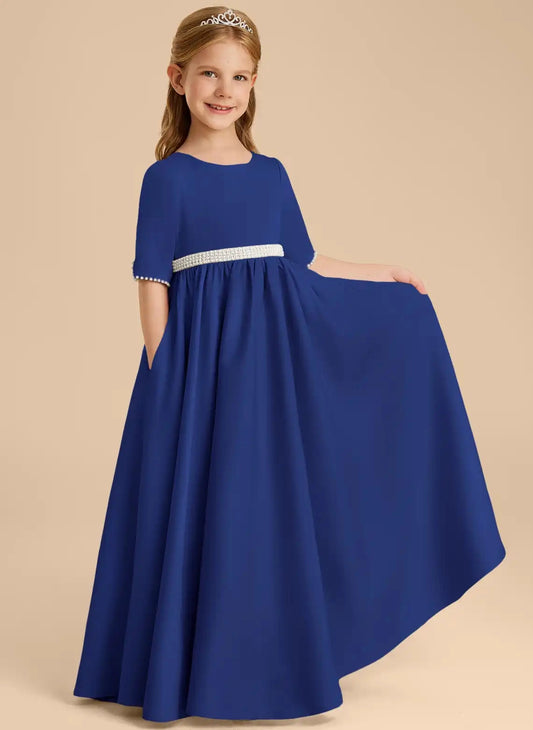 Elegant A?Line Round Neck Elbow?Sleeve Zipper Back Floor?Length Junior Bridesmaid Dress