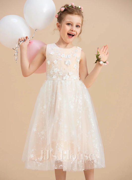 Charming A?Line Round Neck Sleeveless Keyhole Back Midi Flower Girl Dress