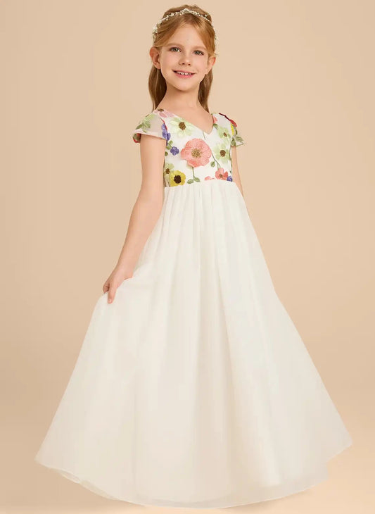 Colorful Embroidered A-Line Square Neck Cap Sleeve Open Back Floor Length Flower Girl Dress