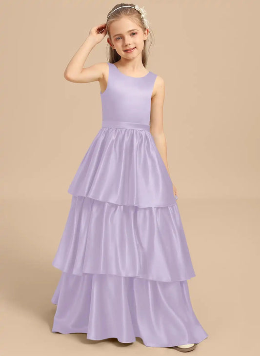 Luxury A Line Round Neck Sleeveless V Back Floor Length Junior Bridesmaid Dress