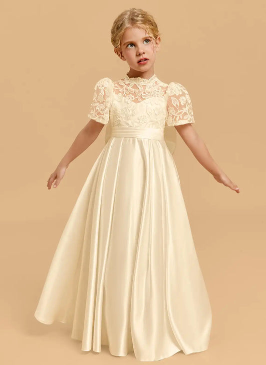 Elegant A Line High Neck Puff Sleeve Cutout Back Floor Length First Communion Dress