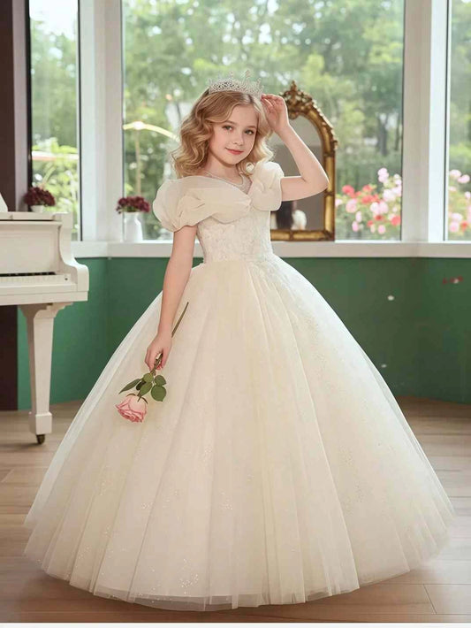 Elegant Ball?Gown V?Neck Puff?Sleeve Lace?Up Back Floor?Length Communion Dress
