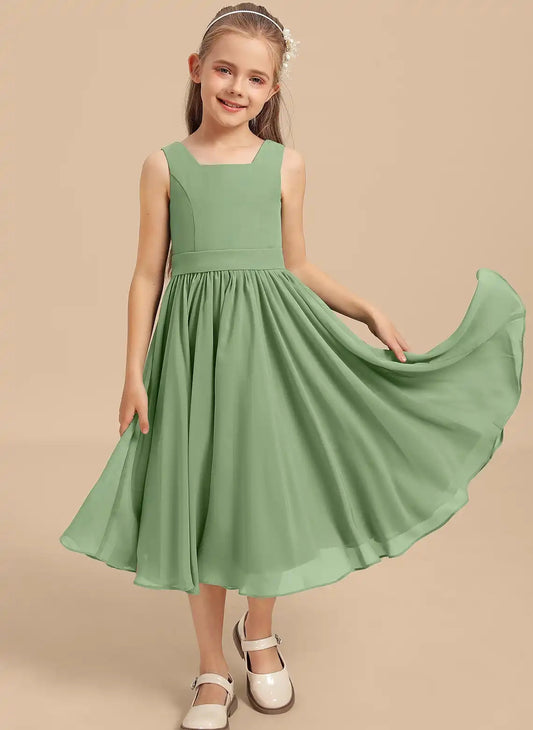 Elegant A?Line Square Neck Sleeveless V?Back Midi Junior Bridesmaid Dress