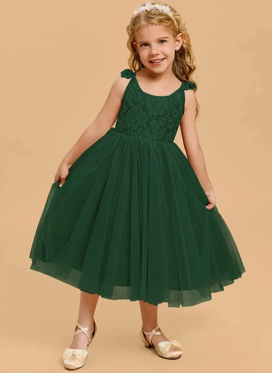 Elegant A-line Scoop Sleeveless V-Back Midi Flower Girl Dress