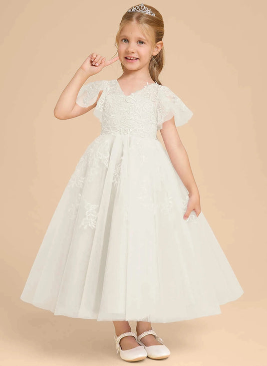 Elegant A?Line V?Neck Flutter Sleeve V?Back Ankle Length Flower Girl Dress