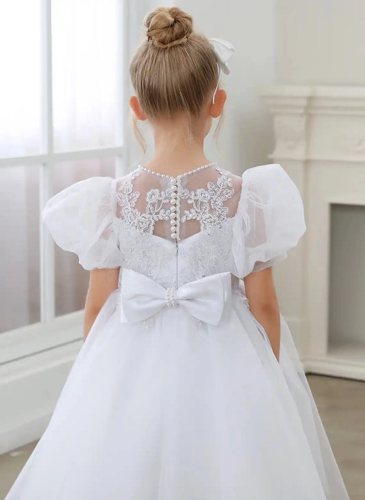 Elegant A?line Illusion Neck Puff Sleeve Sheer Back Knee Length First Communion Dress