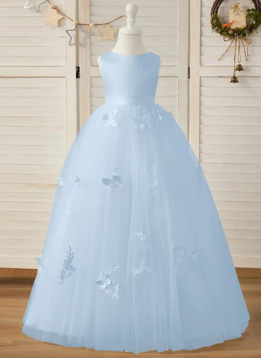 Dreamy Ball Gown Round Neck Sleeveless V Back Floor Length Flower Girl Dress