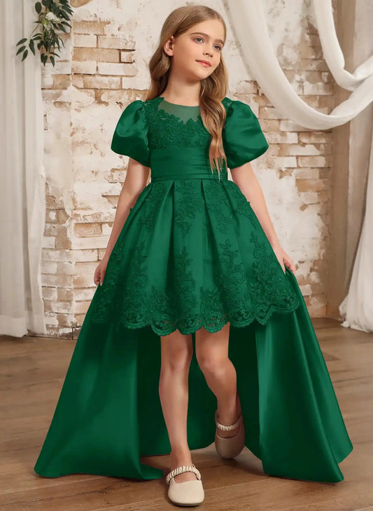 Elegant Hi?Lo A?Line Illusion Neck Puff Short Sleeve Illusion Back Hi?Lo Length Junior Bridesmaid Dress
