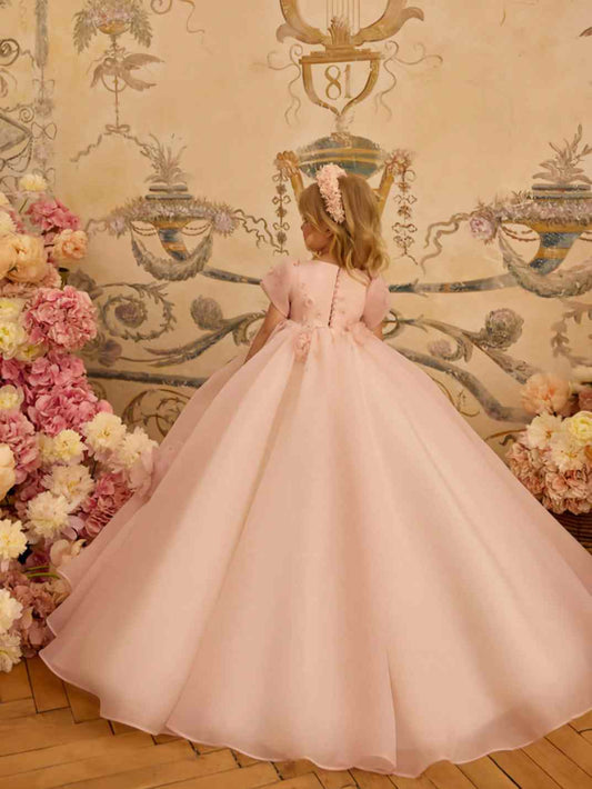 Blush Ballgown Round Neck Flutter Sleeve Button Back Floor-Length Flower Girl Dress