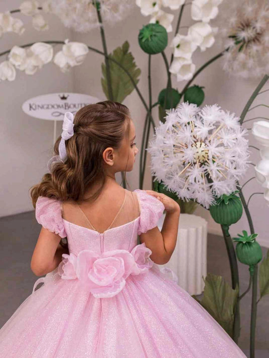 Sparkly Ball?Gown Sweetheart Neck Puff Sleeve Sheer Back Train Length Flower Girl Dress