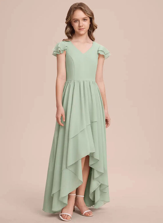 Elegant A?Line V?Neck Ruffle Cap Sleeve Zip?Back Hi?Lo Junior Bridesmaid Dress