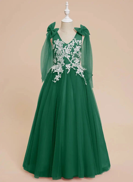 Elegant A Line V Neck Cape Sleeve Bow Back Maxi Flower Girl Dress
