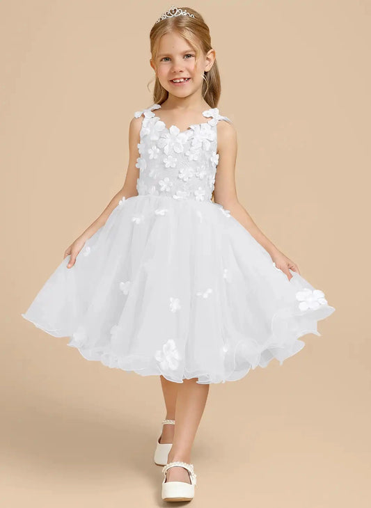 Elegant A?Line V?Neck Spaghetti Straps Open Back Knee?Length Flower Girl Dress