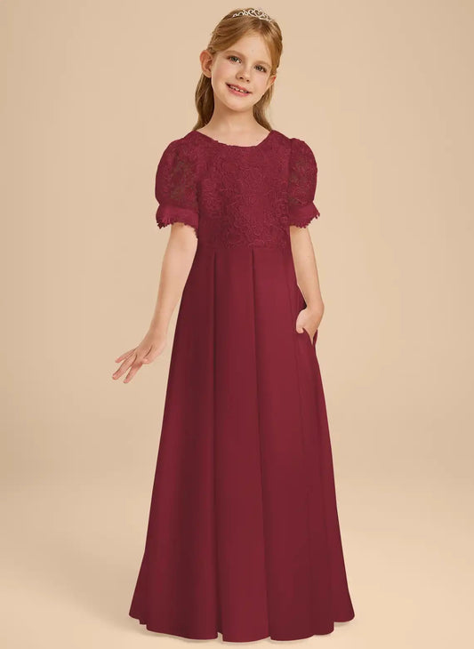 Elegant A?Line Round Neck Puff Short Sleeve V?Back Floor?Length First Communion Dresses