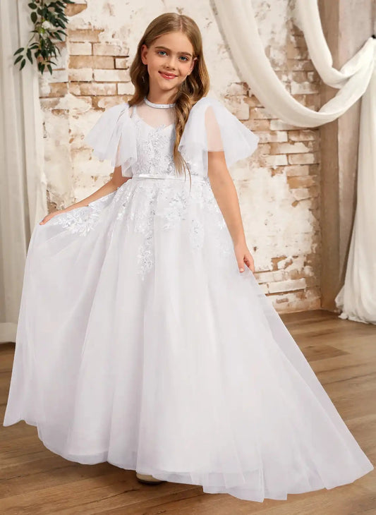 Elegant A?Line High Neck Flutter Sleeve Tie?Back Floor?Length First Communion Dresses